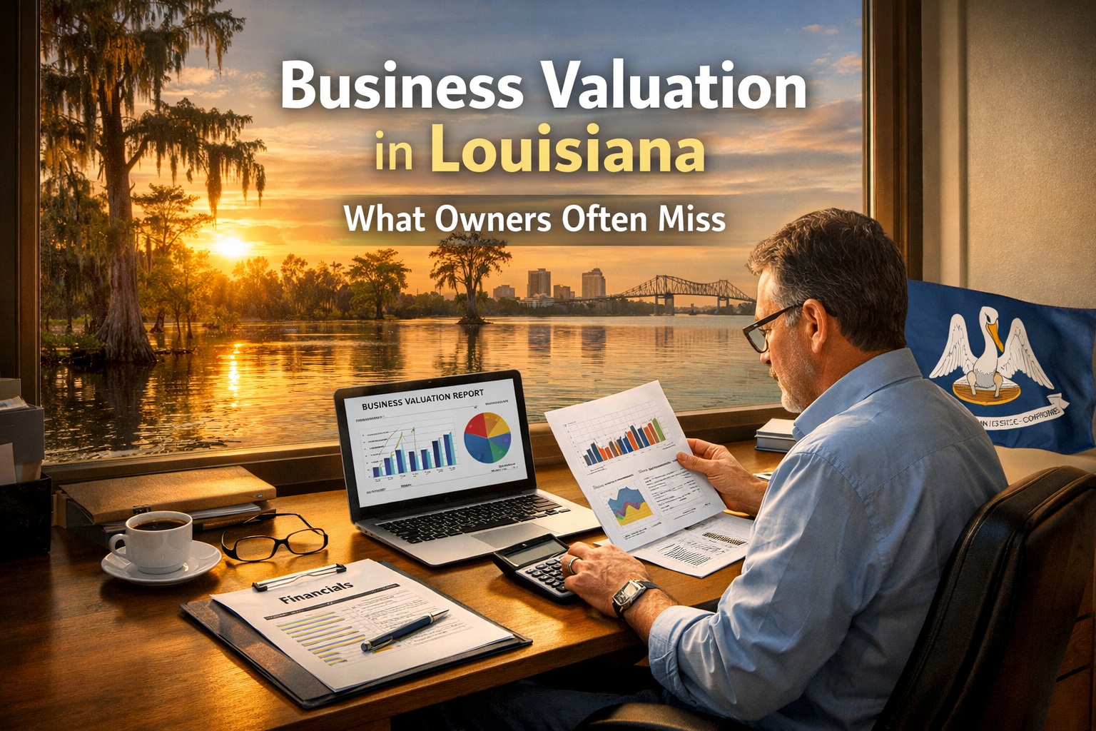 Louisiana business owner reviewing financial statements and valuation report at desk overlooking bayou skyline.