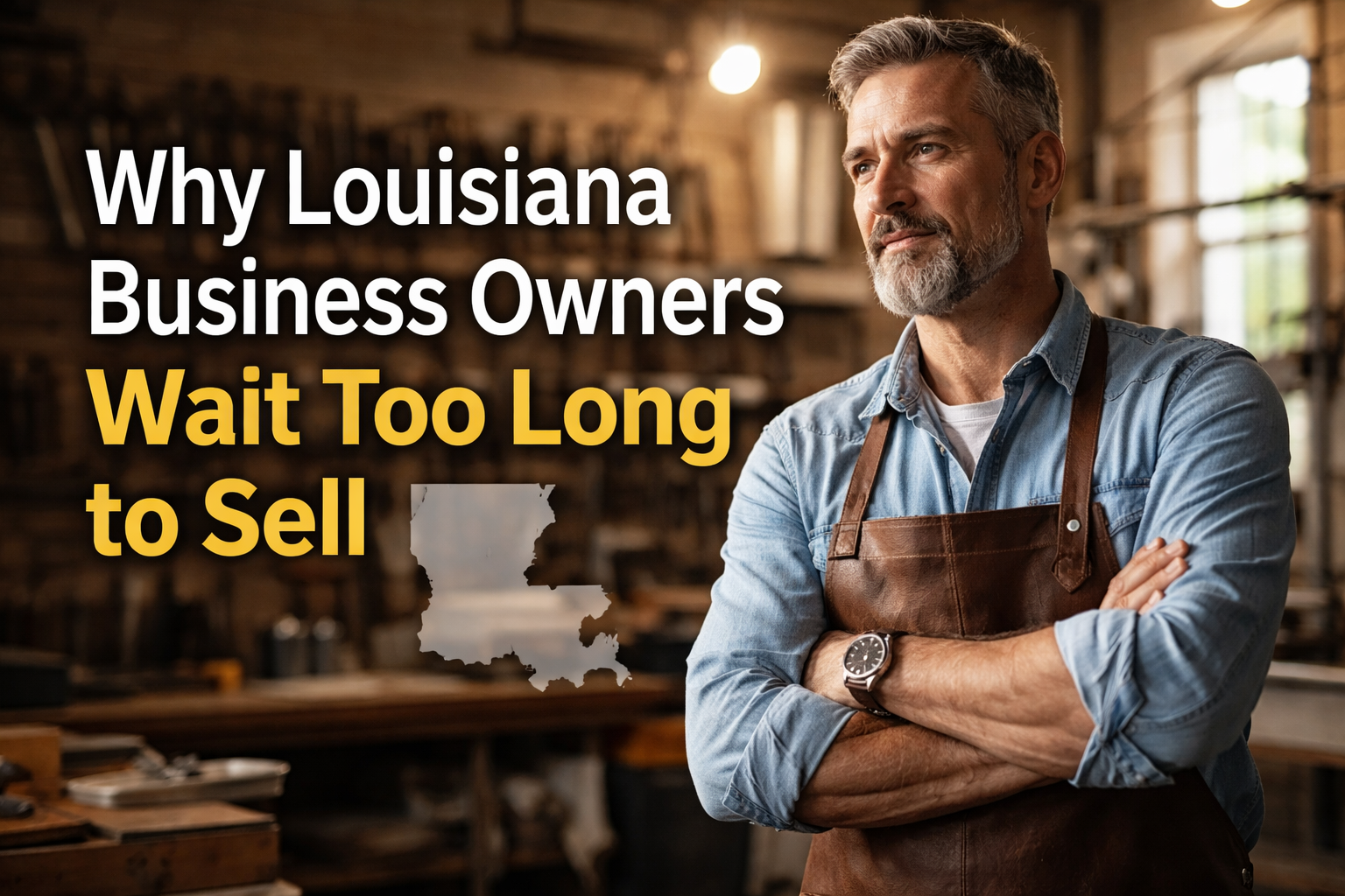 Louisiana small business owner standing in workshop reflecting on selling his business