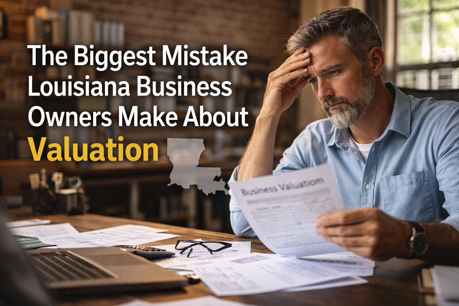 Louisiana business owner reviewing financial documents and business valuation report at desk.