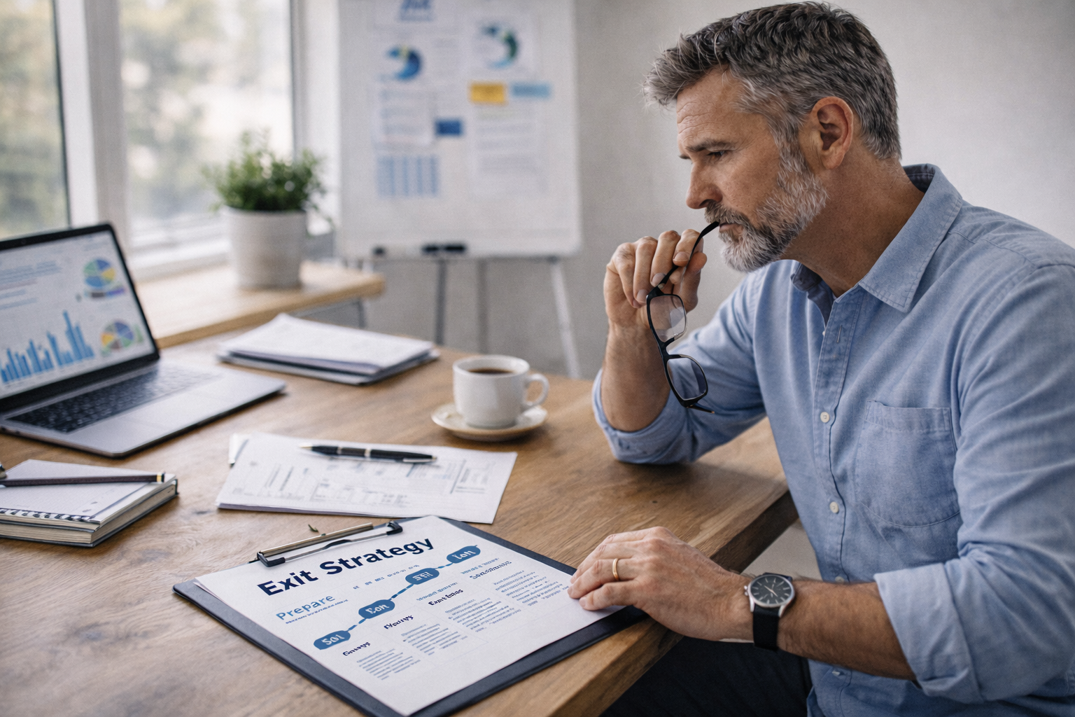Louisiana business owner reviewing exit strategy and financial planning documents at office desk.