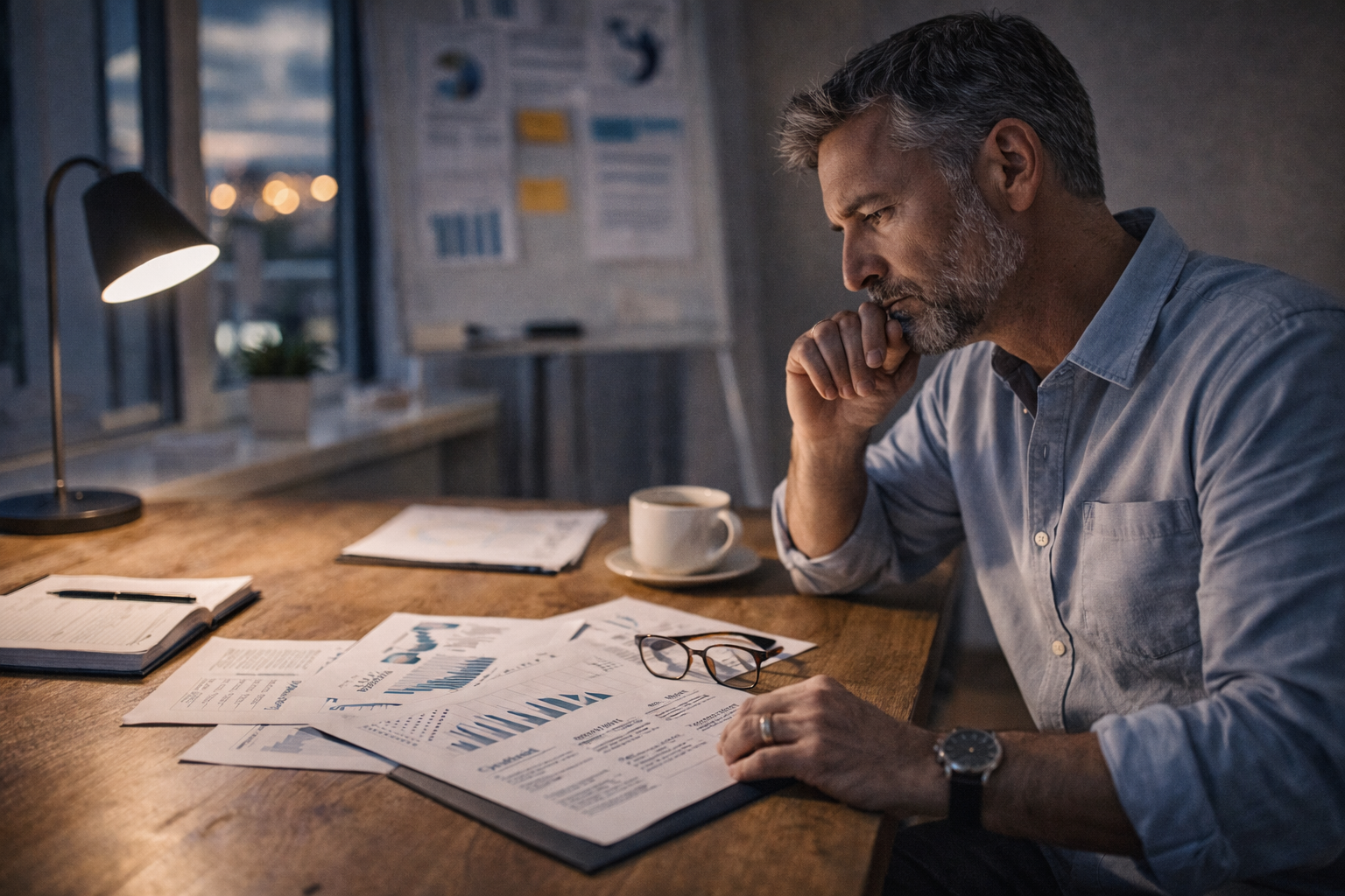 Louisiana business owner reviewing financial documents at night while considering selling his business.