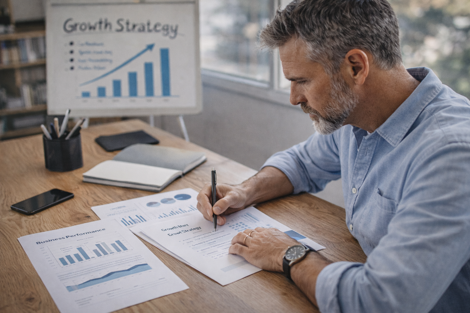 Louisiana business owner reviewing growth strategy documents and financial charts at office desk.