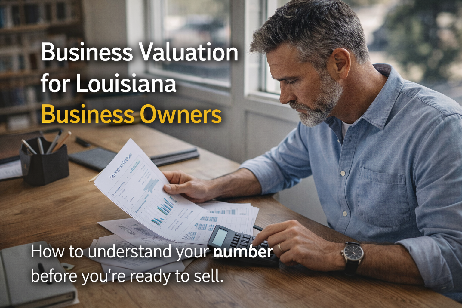 Louisiana business owner reviewing financial documents and calculator while evaluating company valuation.